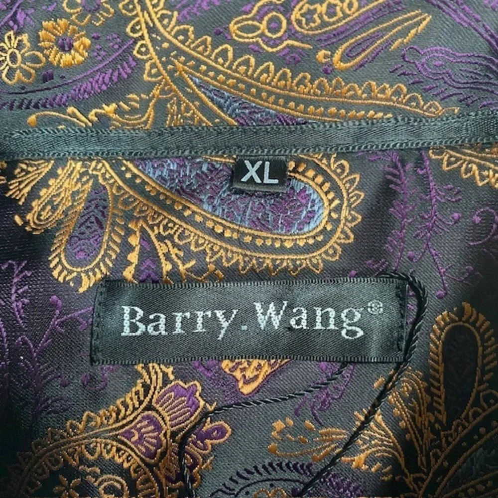 Barry Wang Mens XL Purple Gold Paisley Silk Jacquard Long Sleeve Button Up Shirt